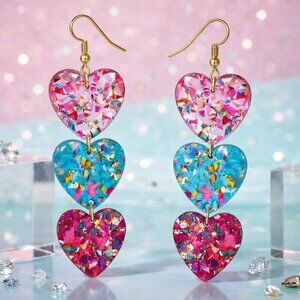 Colorful Triple Heart Confetti Glitter Earrings Resin Acrylic Statement Dangle